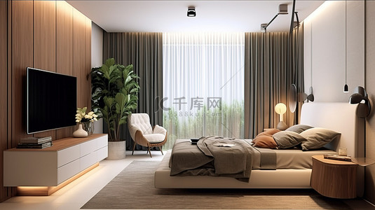现代舒适的卧室内部配有扶手椅落地灯可伸缩电视和梳妆台 3D 渲染