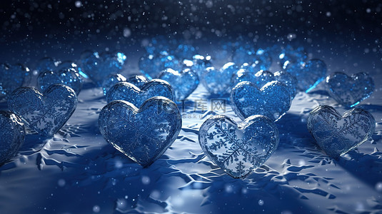 14情人节背景图片_寒冷的假期爱 3d 蓝色雪花和冰冷的心在冬季情人节背景