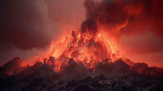 地狱天堂背景图片_大规模火山喷发 3d 渲染热熔岩和气体喷入空气