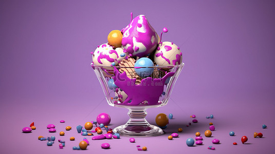 水果奶油背景图片_彩色糖果球装饰着玻璃杯中的美味冰淇淋 3D 渲染