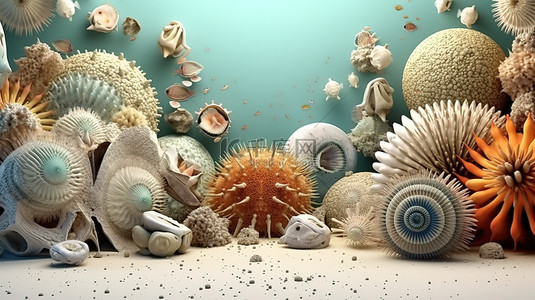 海洋的纹理背景图片_海胆贝壳鲤鱼和珊瑚的海洋生物背景 3D 渲染