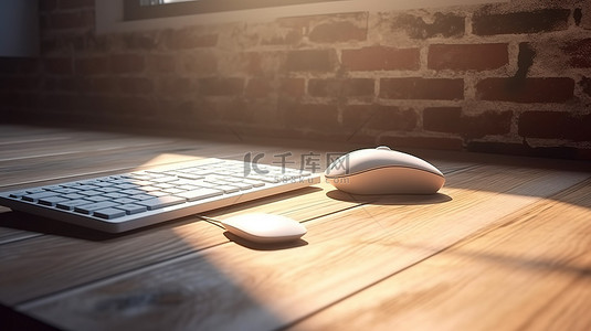 木桌，配有笔记本电脑鼠标和 3D 渲染中阳光照射的白色砖墙