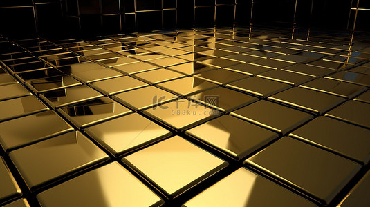 具有深黄色金属饰面的 3D 渲染中现代方形瓷砖的曲线背景