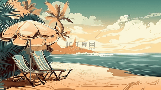 蓝天沙滩海边背景图片_旅游旅行大海插画