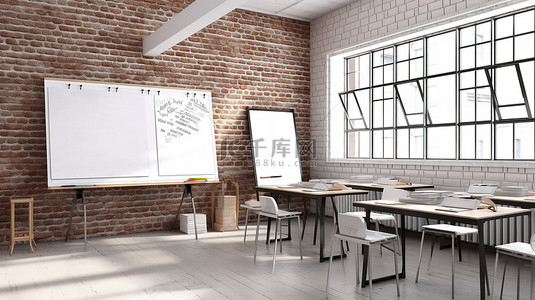 白板教室背景图片_具有阁楼风格和 3D 白板渲染的白砖教室