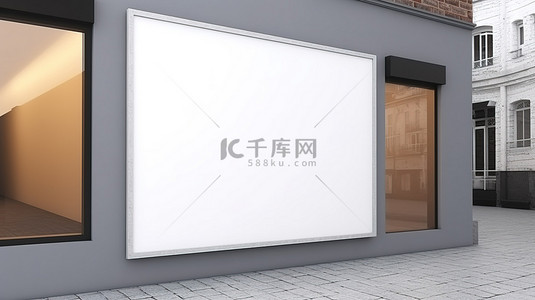 墙上横幅背景图片_白墙上公司商店模拟标志的 3D 渲染