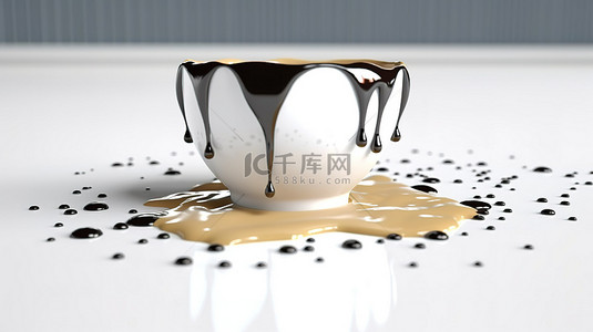 桌上牛奶背景图片_白桌上杯子的 3D 渲染，牛奶溅出