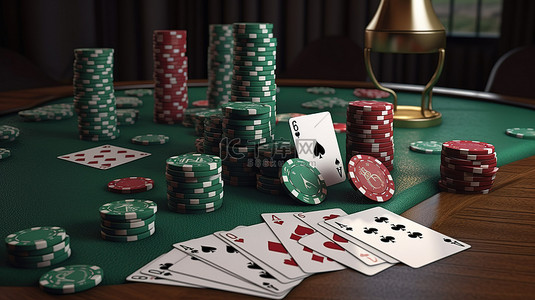 虚拟或现场赌场有趣的 3D 插图，显示绿色桌子上的筹码卡和金钱