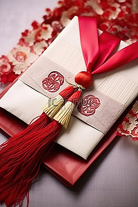 流苏盆景背景图片_带有红丝带和流苏的婚礼信封