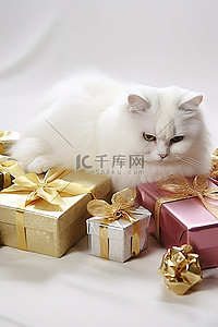 小白猫躺在一堆包装好的礼物旁边
