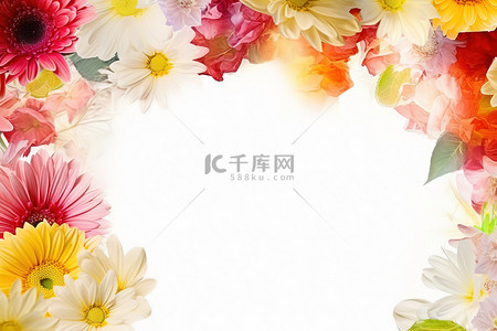 一束五颜六色的花朵围绕着一张白色大小的纸币