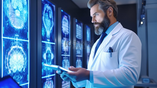 留着胡须的医生在后台使用 3D 脑监视器检查每日病人查房