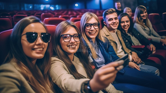 快乐的伙伴们一边戴着 3D 眼镜，一边欣赏电影，摆出有趣的自拍姿势