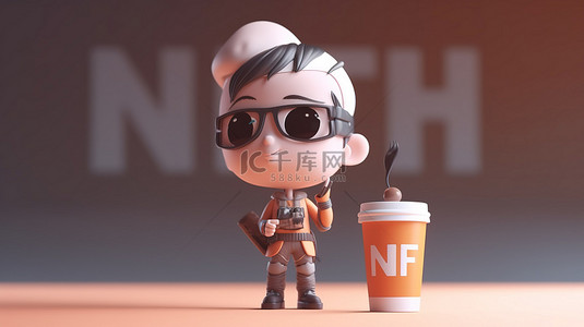 可爱的虚拟角色在 3D 世界中喝着咖啡，文字为 nft