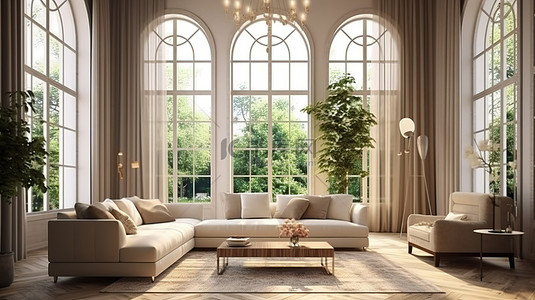 经典超大背景图片_宽敞客厅的 3D 渲染，配有现代豪华内饰和超大经典窗户