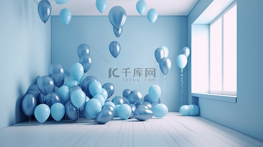 蓝色婚礼主题背景背景图片_背景为空白墙的蓝色主题气球非常适合生日情人节婚礼或商业活动 3d 渲染概念