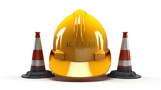 前方施工现场道路标志和防护头盔白色背景 3d 渲染