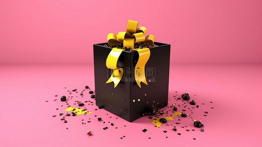 黄色背景的 3D 渲染，粉色丝带绑着爆炸的黑色礼品盒