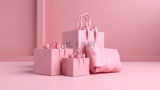 简约的情人节销售概念柔和的背景，带有开放式粉色礼品盒和 3D 渲染的购物袋