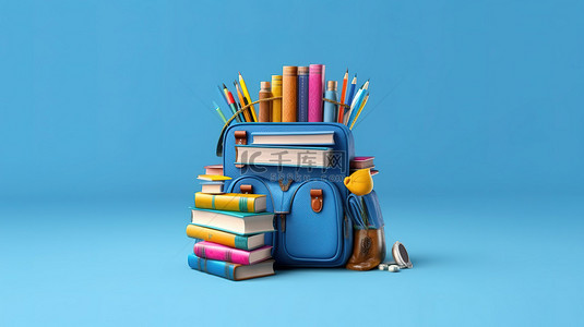 蓝色背景与 3D 书籍和书包代表教育