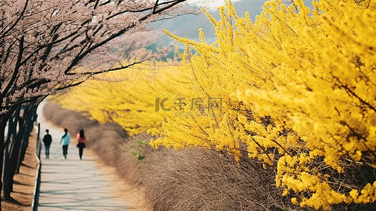 人们沿着韩国泉水黄色花朵旁的小路行走