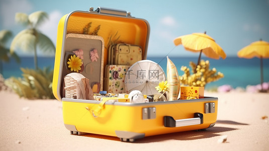 夏季海滩旅行必需品在 3D 渲染中打开黄色手提箱