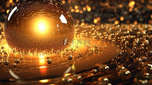 金色发光星星背景图片_带有发光颗粒的反射金球的 3D 插图