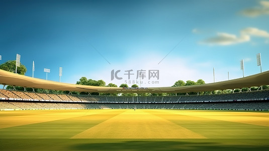 板球场和体育场的壮丽景色以及板球运动员的 3D 插图