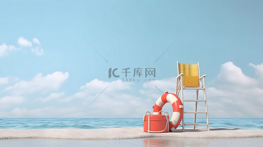 空间漂浮背景图片_海滩救生员椅子的 3D 插图，配有充气浮标，提供夏季安全和充足的复制空间
