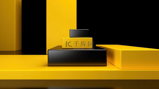 抽象黑色立方体背景上黄色讲台的 3D 渲染非常适合产品演示