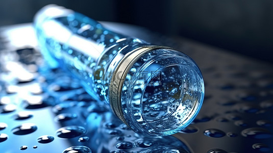 矿泉水玻璃瓶的 3D 渲染，玻璃极其特写