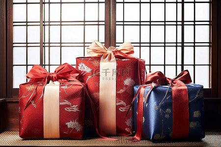 新年的礼物背景图片_窗下三件红色包裹的礼物