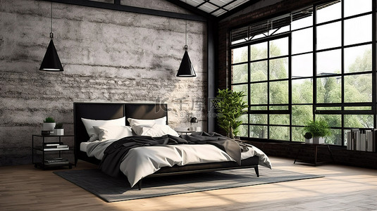 黑卧室背景图片_现代阁楼卧室以 3D 形式呈现，配有时尚的黑钢家具和白色砖墙