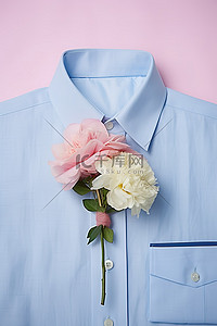 胸花旁边有两件粉色和蓝色棉质衬衫