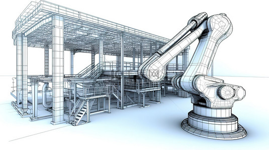 3D 渲染线框机械臂隔离描绘自动化工厂概念