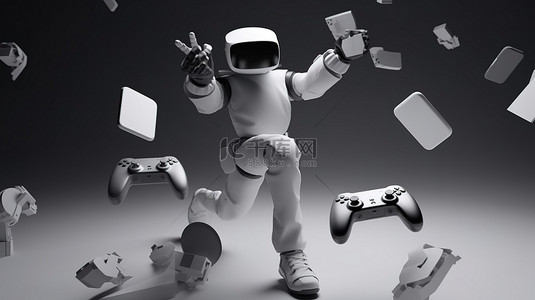 虚拟游戏海报背景图片_虚拟角色戴着 VR 眼镜和控制器从手机屏幕中飞出