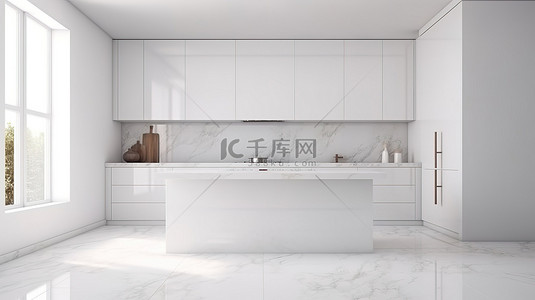 现代白色厨房内部设有宽敞的台面 3D 渲染