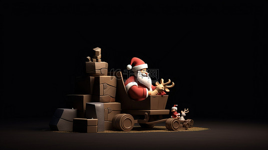 烟囱背景背景图片_圣诞老人和同伴乘坐雪橇抵达 3D 插图，带有烟囱通道和充足的徽标和文本空间