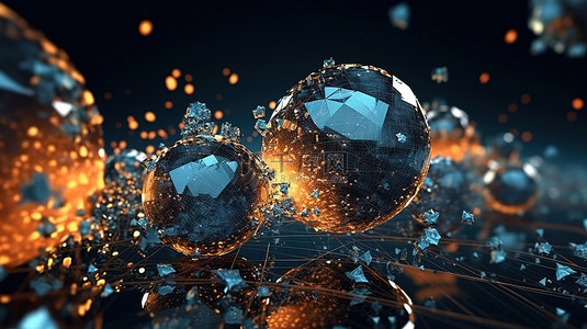 3D 渲染中的未来背景混沌粒子和低聚球体
