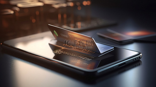 电子商务业务概念在 3D 渲染中使用信用卡和智能手机进行安全支付交易