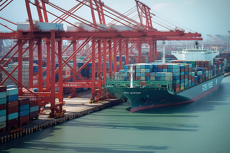 出口背景图片_大型集装箱船和货船在港口