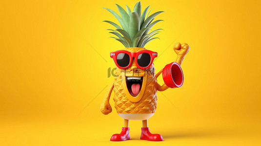 食物红色背景图片_欢快的卡通时髦菠萝吉祥物，在 3D 创建的阳光明媚的黄色背景上配有红色复古扩音器