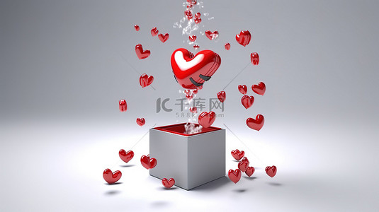 开放的心漂浮在礼品盒中，3D 渲染中的情人节爱情概念