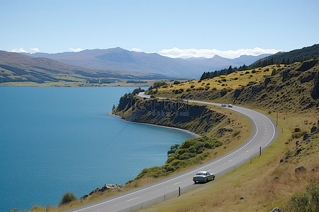 普普背景图片_这条路崎岖不平，风大，下山时可以看到新西兰瓦卡塔普湖的景色