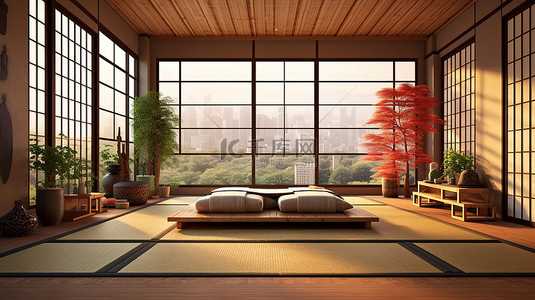 具有日本风格的宽敞房间的 3D 渲染