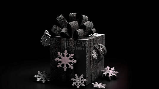 黑色星期五购物袋和礼品盒的巨大折扣等待着优雅的黑色背景 3d 渲染的雪花