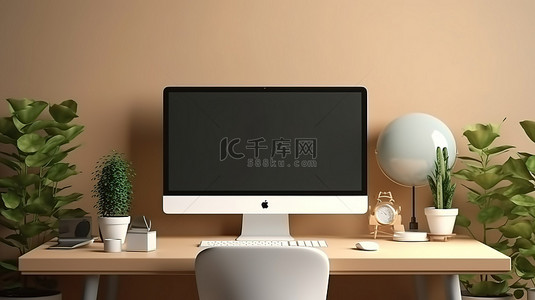 病例场所背景图片_现代工作场所 3D 渲染台式计算机，在办公室工作室概念桌上配有空白屏幕模型