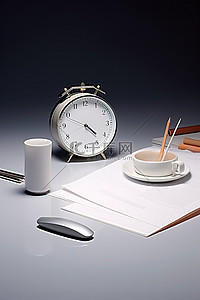咖啡纸背景图片_一张桌子，上面有闹钟笔纸和其他办公用品