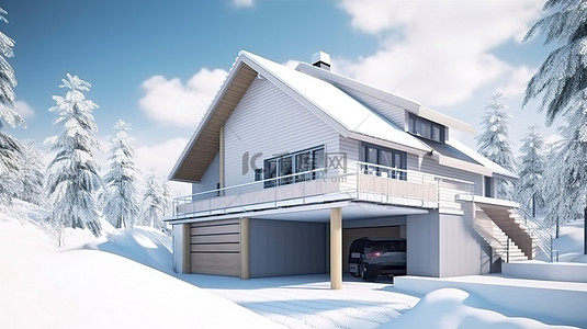 别墅雪插画背景图片_带车库和走道 3D 渲染的白雪皑皑的现代房屋