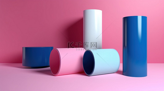 3D 蓝色圆柱体和粉红色背景上的白色腿的极简主义超现实主义